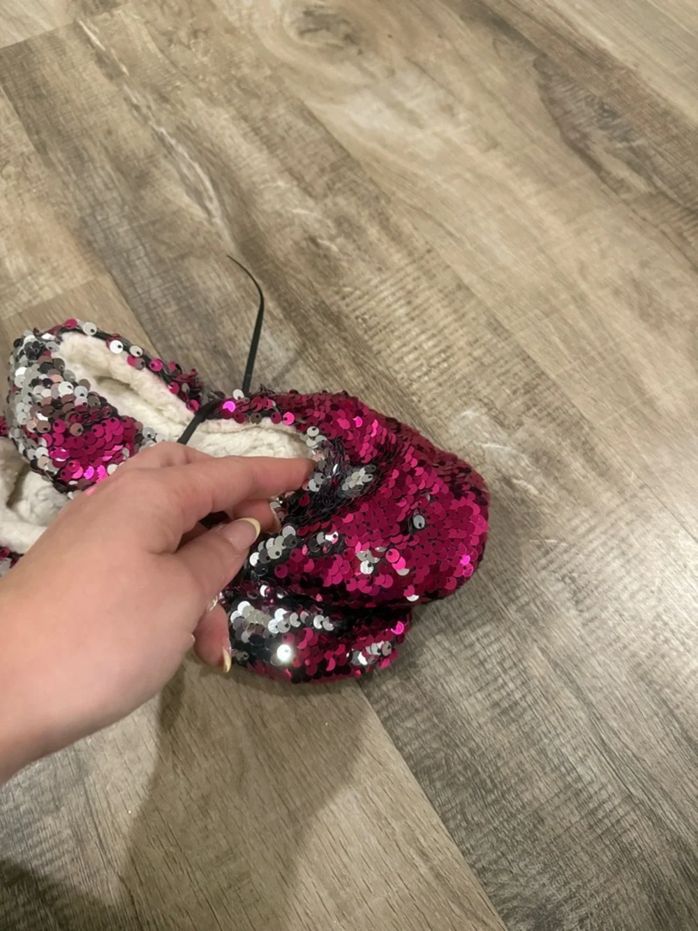 Lightly worn Kids Sequin Slip-On Slippers - Pink & Silver measure 8 inches